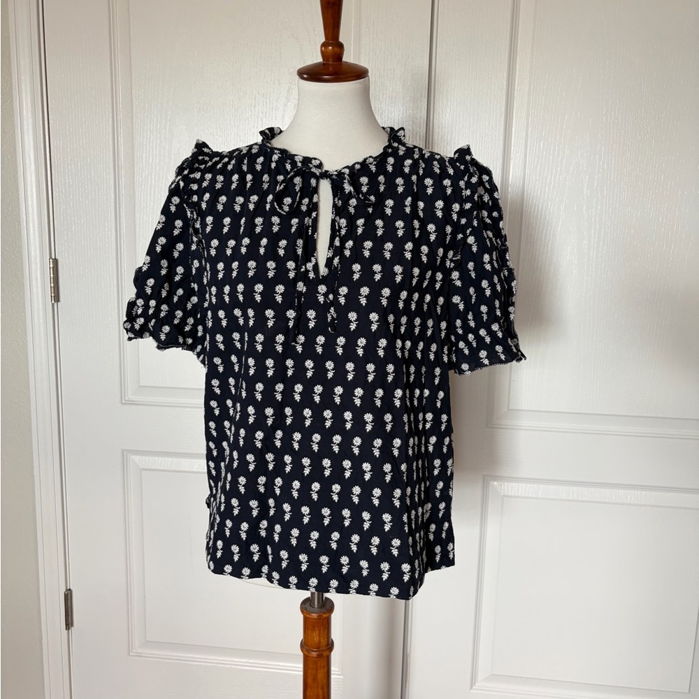 J. Crew Navy Embroidered Floral Ruffle Sleeve Blouse Floating Sunflowers